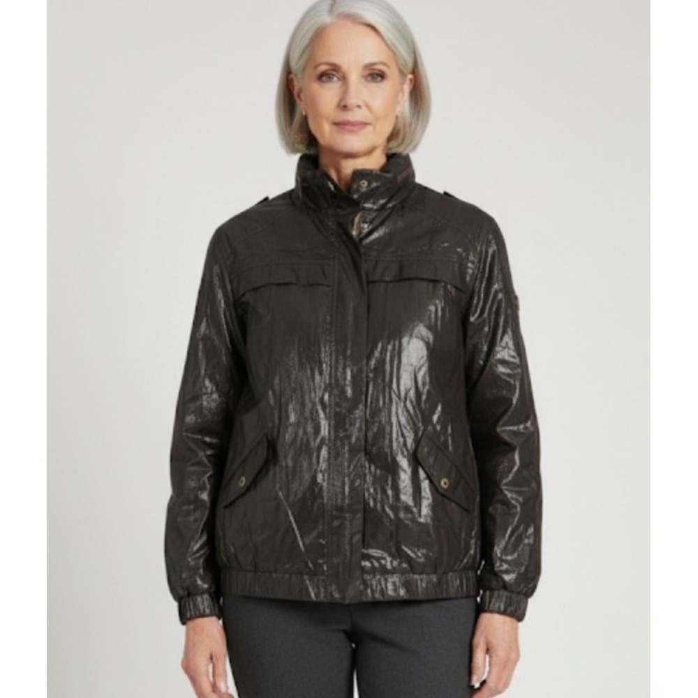Chico's Brown Waxed Shiny 3/4 Sleeve Bomber Jacket Womens Sz 2 US L N61